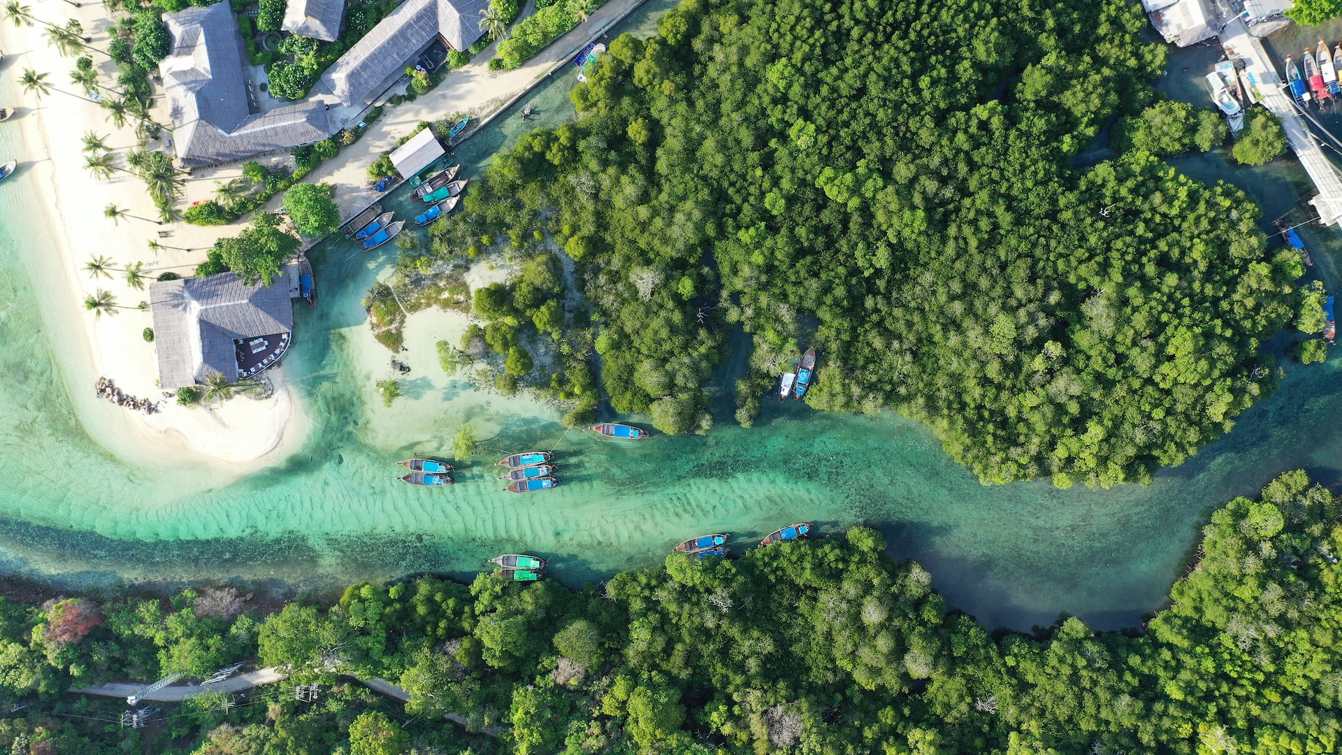Aerial view of the beach, the sea and the hotel premises